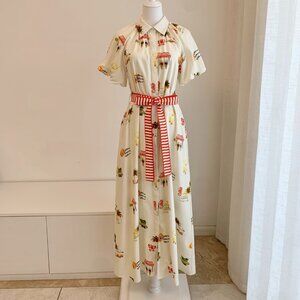 Palm cotton-linen white summer vacation printed shirt dress